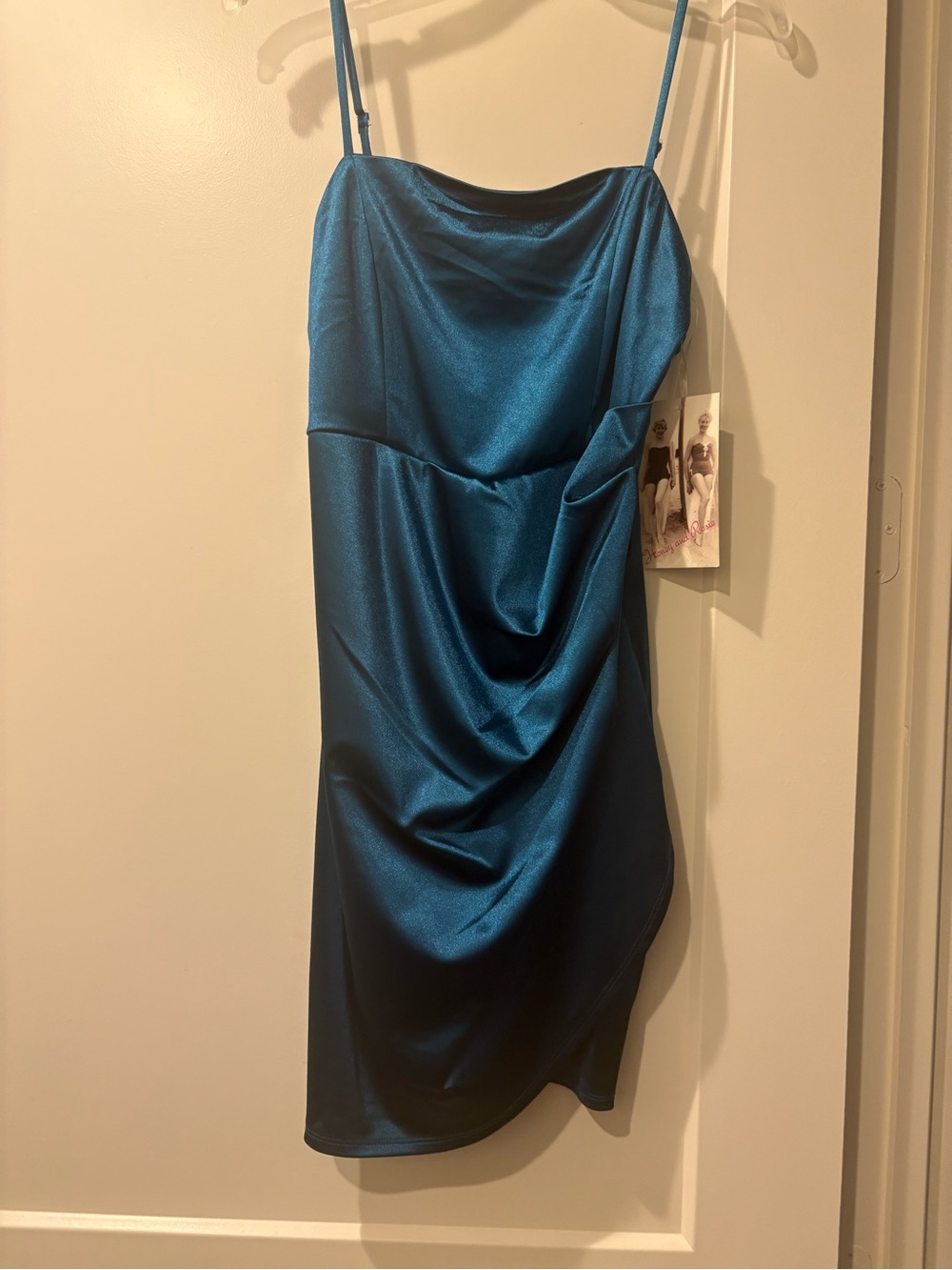 Honey and Rosie Teal Satin Cowl Mini Dress